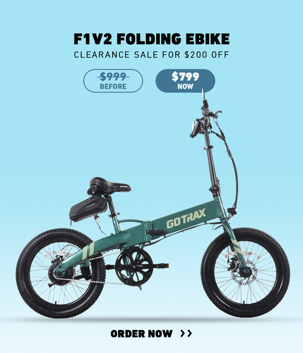 Folding eBike with price reduction information on a light blue background