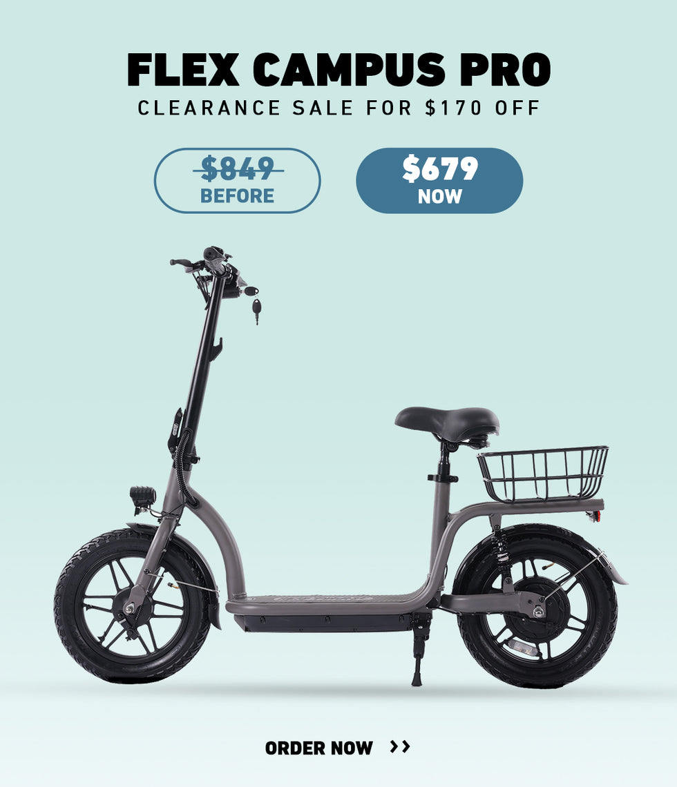 Electric scooter with clearance sale text on a light blue background