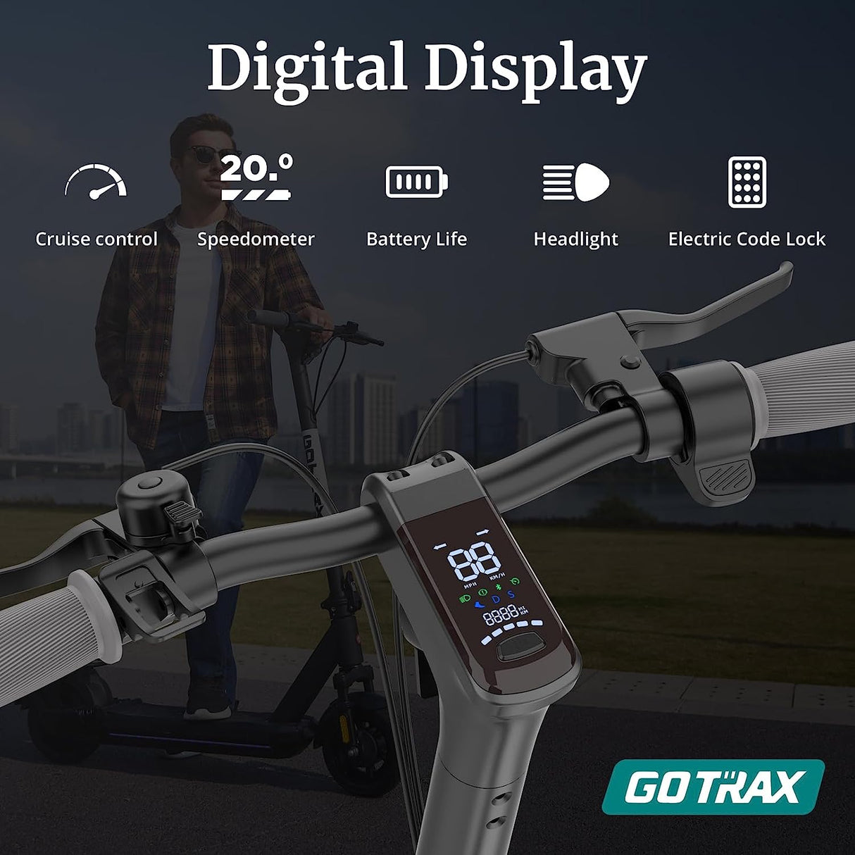 Digital display on a scooter with features listed and Gotrax branding.