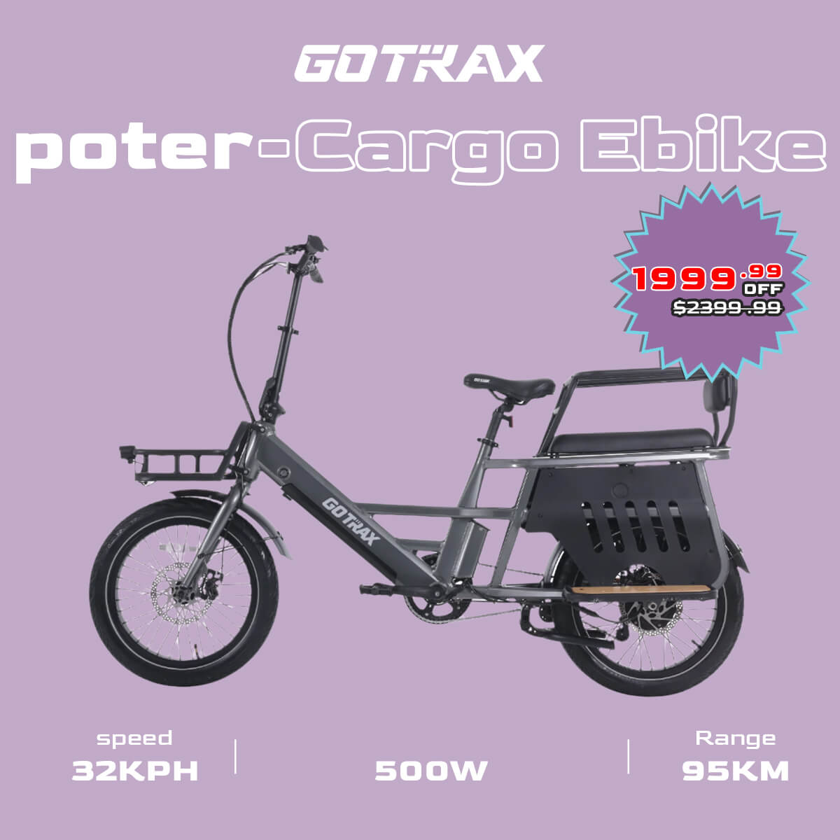 Porter Electric Cargo Bike with Free Accessories(Rear&Front Rack, Child Seat)