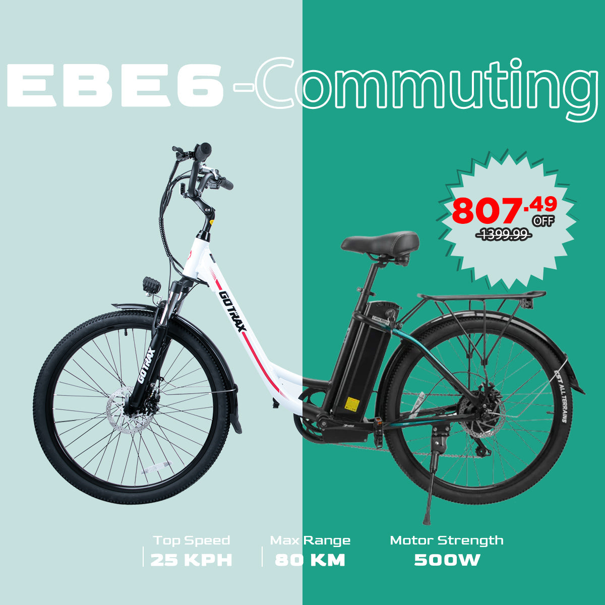 EBE6 Electric Bike 26" 25KPH | 80KM Range(🔥 Summer Sale)